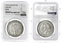 Kursmünzen
5 Reichsmark Eichbaum Silber 1927-1933
1927 A. Im NGC-Blister mit Grading PF 63.
Polierte Platte, selten. Jaeger 331.