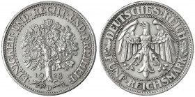Kursmünzen
5 Reichsmark Eichbaum Silber 1927-1933
1928 D. sehr schön/vorzüglich, kl. Randfehler. Jaeger 331.
