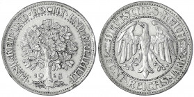 Kursmünzen
5 Reichsmark Eichbaum Silber 1927-1933
1928 F. vorzüglich, Randfehler. Jaeger 331.