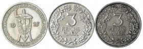 Gedenkmünzen
3 Reichsmark Rheinlande
3 Stück: 1925 A, D, E. sehr schön bis vorzüglich. Jaeger 321(3).