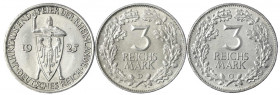 Gedenkmünzen
3 Reichsmark Rheinlande
3 Stück: 1925 A, D, G. meist vorzüglich. Jaeger 321(3).