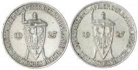 Gedenkmünzen
5 Reichsmark Rheinlande
2 X 1925 A. beide sehr schön/vorzüglich, kl. Randfehler. Jaeger 322.