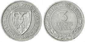 Gedenkmünzen
3 Reichsmark Lübeck
1926 A. gutes vorzüglich, min. Randfehler. Jaeger 323.