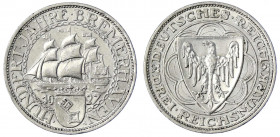 Gedenkmünzen
3 Reichsmark Bremerhaven
1927 A. vorzüglich, kl. Randfehler und kl. Kratzer. Jaeger 325.