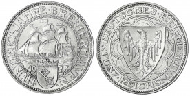 Gedenkmünzen
5 Reichsmark Bremerhaven
1927 A. fast Stempelglanz, Prachtexemplar. Jaeger 326.