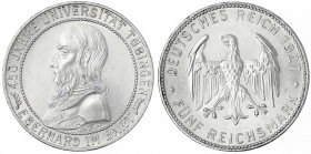 Gedenkmünzen
5 Reichsmark Tübingen
1927 F. vorzüglich/Stempelglanz, kl. Randfehler. Jaeger 329.