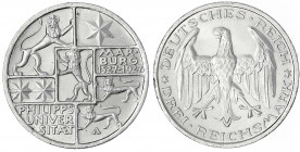 Gedenkmünzen
3 Reichsmark Marburg
1927 A. prägefrisch, kl. Kratzer. Jaeger 330.