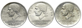 Gedenkmünzen
3 Reichsmark Lessing
3 Stück: 1929 A, D, J. meist vorzüglich. Jaeger 335.