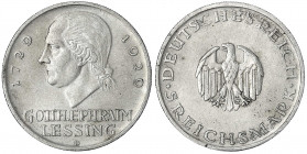 Gedenkmünzen
5 Reichsmark Lessing
1929 D. vorzüglich, kl. Randfehler. Jaeger 336.