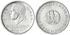 Gedenkmünzen
5 Reichsmark Lessing
1929 J. fast vorzüglich, etwas berieben. Jaeger 336.