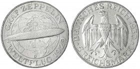 Gedenkmünzen
5 Reichsmark Zeppelin
1930 D. vorzüglich, kl. Druckstellen. Jaeger 343.