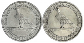 Gedenkmünzen
3 Reichsmark Rheinstrom
2 Stück: 1930 A und D. beide vorzüglich. Jaeger 345.