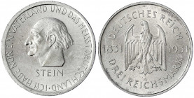 Gedenkmünzen
3 Reichsmark Stein Reichsfreiherr
1931 A. vorzüglich/Stempelglanz. Jaeger 348.