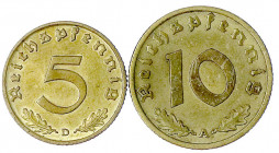 Klein/- und Kursmünzen
5 Reichspfennig, messingf. 1936-1939
2 Stück: 5 Rpf. 1936 D, 10 Rpf. 1936 A.
beide sehr schön. Jaeger 363, 364.