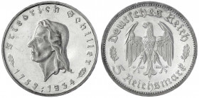 Gedenkmünzen
5 Reichsmark Schiller
1934 F. Polierte Platte, winz. Kratzer. Jaeger 359.