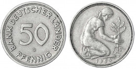 Kursmünzen
50 Pfennig, Kupfer/Nickel 1949-2001
1950 G, Bank Deutscher Länder.
fast vorzüglich. Jaeger 379.