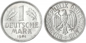 Kursmünzen
1 Deutsche Mark Kupfer/Nickel 1950-2001
1954 G. fast Stempelglanz, min. Randfehler, Prachtexemplar, sehr selten in dieser Erhaltung. Jaeg...