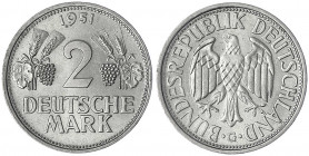 Kursmünzen
2 Deutsche Mark Ähren, Kupfer/Nickel 1951
1951 G. Stempelglanz, Prachtexemplar. Jaeger 386.