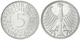 Kursmünzen
5 Deutsche Mark Silber 1951-1974
1951 G. prägefrisch/fast Stempelglanz, selten in dieser Erhaltung. Jaeger 387.
