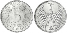 Kursmünzen
5 Deutsche Mark Silber 1951-1974
1958 D. prägefrisch, kl. Kratzer. Jaeger 387.
