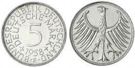 Kursmünzen
5 Deutsche Mark Silber 1951-1974
1958 F. Auflage nach Winter nur 100 Ex.
Polierte Platte, sehr selten. Jaeger 387.