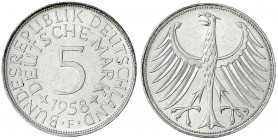 Kursmünzen
5 Deutsche Mark Silber 1951-1974
1958 F. gutes vorzüglich, kl. Kratzer. Jaeger 387.