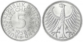 Kursmünzen
5 Deutsche Mark Silber 1951-1974
1958 G. fast Stempelglanz, kl. Kratzer. Jaeger 387.