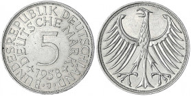 Kursmünzen
5 Deutsche Mark Silber 1951-1974
1958 J. vorzüglich, winz. Kratzer. Jaeger 387.