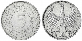 Kursmünzen
5 Deutsche Mark Silber 1951-1974
1958 J. sehr schön, winz. Randfehler. Jaeger 387.