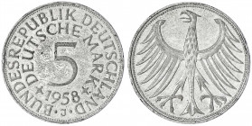 Kursmünzen
5 Deutsche Mark Silber 1951-1974
1958 J. fast sehr schön, Randfehler. Jaeger 387.