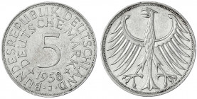 Kursmünzen
5 Deutsche Mark Silber 1951-1974
1958 J. sehr schön, Randfehler. Jaeger 387.