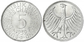 Kursmünzen
5 Deutsche Mark Silber 1951-1974
1959 D. prägefrisch/fast Stempelglanz. Jaeger 387.