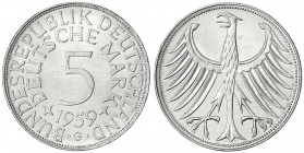 Kursmünzen
5 Deutsche Mark Silber 1951-1974
1959 G. prägefrisch/fast Stempelglanz. Jaeger 387.