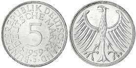 Kursmünzen
5 Deutsche Mark Silber 1951-1974
1959 J. fast Stempelglanz/Erstabschlag, min. Kratzer. Jaeger 387.