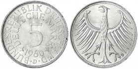 Kursmünzen
5 Deutsche Mark Silber 1951-1974
1960 D. prägefrisch, kl. Kratzer. Jaeger 387.