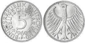 Kursmünzen
5 Deutsche Mark Silber 1951-1974
1960 F. fast Stempelglanz. Jaeger 387.