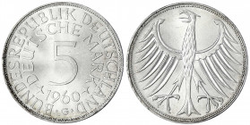 Kursmünzen
5 Deutsche Mark Silber 1951-1974
1960 G. fast Stempelglanz, Prachtexemplar. Jaeger 387.