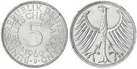Kursmünzen
5 Deutsche Mark Silber 1951-1974
1960 J. prägefrisch/fast Stempelglanz. Jaeger 387.