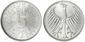 Kursmünzen
5 Deutsche Mark Silber 1951-1974
1961 D. prägefrisch/fast Stempelglanz. Jaeger 387.