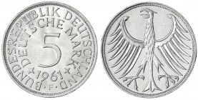 Kursmünzen
5 Deutsche Mark Silber 1951-1974
1961 F. prägefrisch/fast Stempelglanz. Jaeger 387.