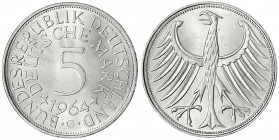 Kursmünzen
5 Deutsche Mark Silber 1951-1974
1964 G. prägefrisch/fast Stempelglanz. Jaeger 387.
