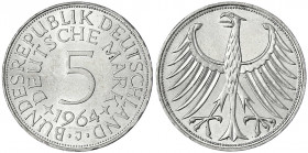 Kursmünzen
5 Deutsche Mark Silber 1951-1974
1964 J. prägefrisch, min. Kratzer. Jaeger 387.