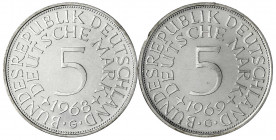 Kursmünzen
5 Deutsche Mark Silber 1951-1974
2 Stück: 1968 G und 1969 G. beide Polierte Platte, leicht berührt. Jaeger 387.