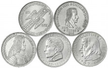 Gedenkmünzen
5 Deutsche Mark, Silber, 1952-1979
Die ersten fünf Gedenkmünzen 1952 bis 1964, Germanisches Museum, Schiller, Markgraf v. Baden, Eichen...