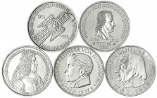 Gedenkmünzen
5 Deutsche Mark, Silber, 1952-1979
Die ersten fünf Gedenkmünzen 1952 bis 1964, Germanisches Museum, Schiller, Markgraf v. Baden, Eichen...