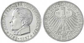 Gedenkmünzen
5 Deutsche Mark, Silber, 1952-1979
Eichendorff 1957 J. Erstabschlag/Polierte Platte, winz. Randfehler. Jaeger 391.