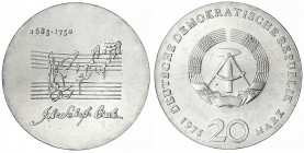 Gedenkmünzen der DDR
20 Mark 1975, Bach. Randschrift läuft links herum.
fast Stempelglanz. Jaeger 1555.