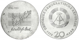 Gedenkmünzen der DDR
20 Mark 1975, Bach. Randschrift läuft links herum.
vorzüglich/Stempelglanz. Jaeger 1555.