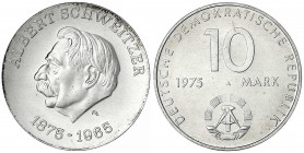 Gedenkmünzen der DDR
10 Mark 1975 A, Schweitzer-Materialprobe mit Rs. von Cu/Ni/Zn-Typ Warschauer Vertrag, Silber 500/1000.
prägefrisch. Jaeger 1554...