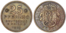 Kaiserreich
Reichskleinmünzen
25 Pfennig 1908, Kupfer. Krone über Reichsadler/Schrift in fünf Zeilen, vier Rosetten. 4,17 g.
vorzüglich. Schaaf 18 ...
